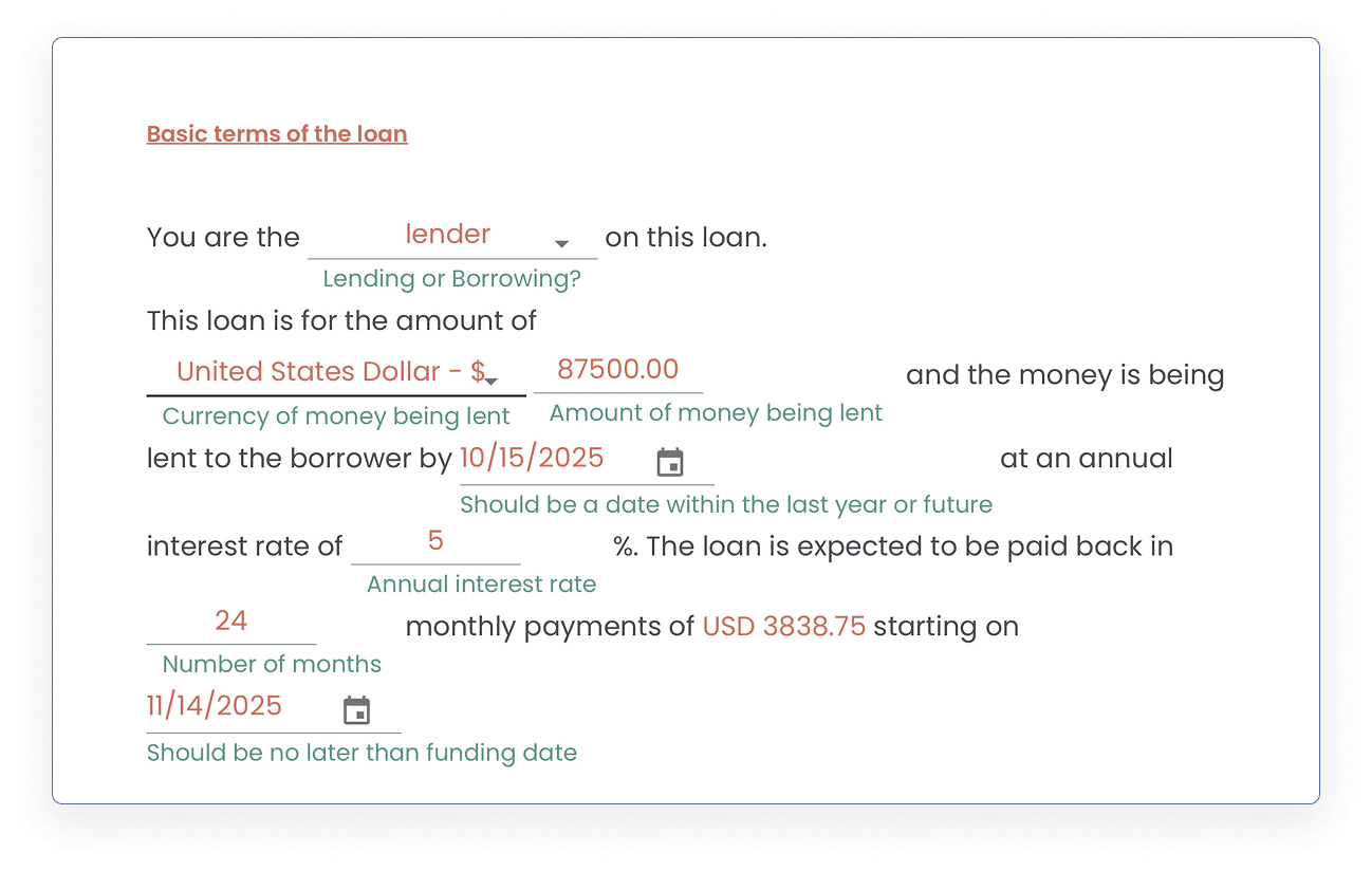 Screenshot of the loan request terms composition interface